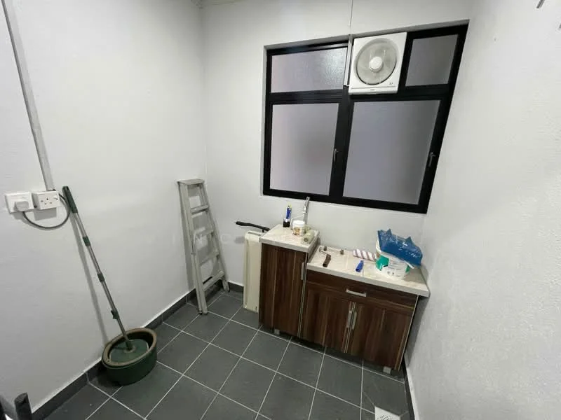 Laundry features: white painted walls, grey floor tiles, window with frosted glass, wall-mounted air conditioning unit, wooden cabinetry, countertop, ladder, potted plant, cleaning supplies, sink, shelf.