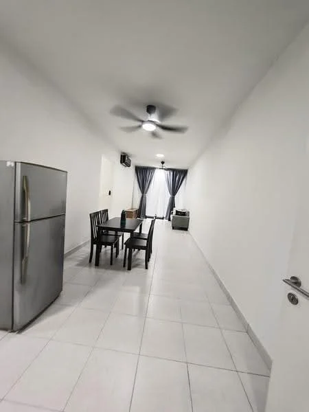 Dining features: white painted walls, tile flooring, 5-blade ceiling fan with light, dining table for four, black dining chairs, stainless-steel fridge, floor-to-ceiling window with sheer curtains, air conditioning unit; style: modern.