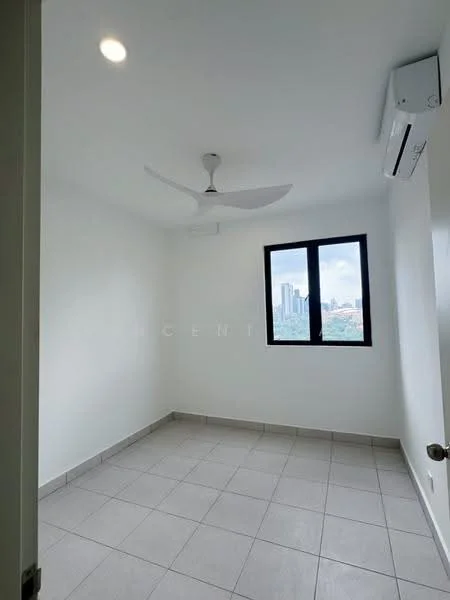 Bedroom features: white painted walls, tile flooring, 5-blade ceiling fan, floor-to-ceiling window, city view, wall-mounted split AC, neutral color scheme, corner room; style: modern; view: city.