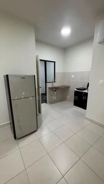 Kitchen features: grey tiled flooring, white painted walls, single-bowl stainless-steel sink, chrome pull-down faucet, black countertop, refrigerator, built-in cabinetry, wall-mounted air conditioning unit, overhead lighting; style: modern.