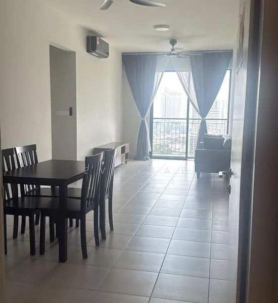 Living features: floor-to-ceiling windows, grey curtains, white painted walls, tile flooring, 5-blade ceiling fan, wall-mounted split AC, black dining table with four chairs, grey fabric sofa, TV console, decorative wall, city view; style: modern; view: city.