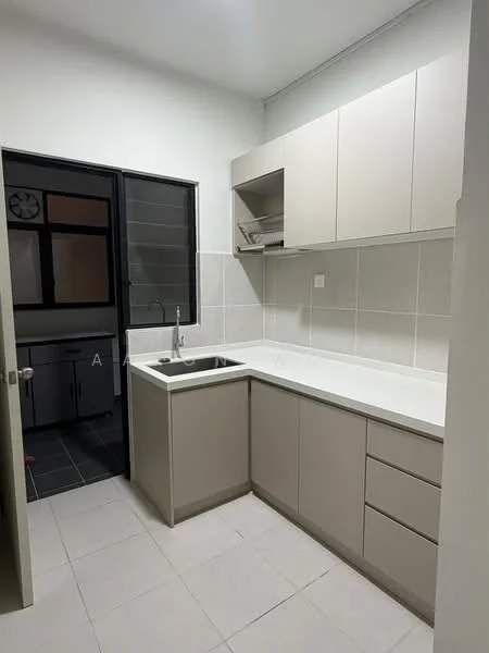 Kitchen features: L-shaped countertop, white laminate countertop, single-bowl stainless-steel sink, chrome pull-down faucet, light beige cabinetry, upper cabinets with no handles, tile backsplash, grey tile flooring, window with black frame, door leading to outside, open shelving above sink; style: modern.