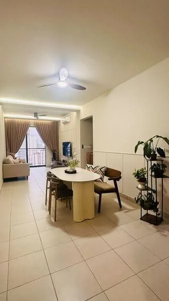 Living features: 3-seater fabric sofa in beige, ceiling fan, recessed LED downlights, floor-to-ceiling windows, curtains in light brown, dining table with 4 chairs, decorative plant stand with plants, tile flooring in light color, wall-mounted TV, neutral painted walls, open layout, decorative vase on table; style: modern; view: city.