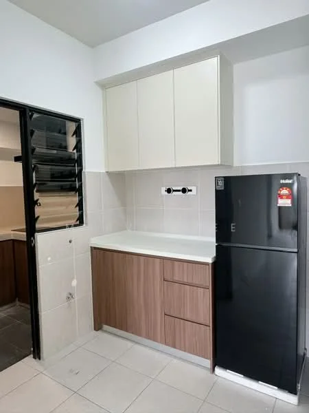 Kitchen features: white upper cabinets, wood lower cabinets, white countertop, black fridge, tile backsplash, ceramic tile flooring, window with security bars, built-in sink, wall-mounted faucet, light fixture; style: modern.
