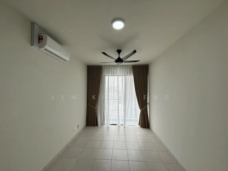 Room features: white painted walls, tile flooring, 5-blade ceiling fan with light, wall-mounted split AC, floor-to-ceiling windows, sheer curtains, curtains in brown, natural light from window; style: modern.