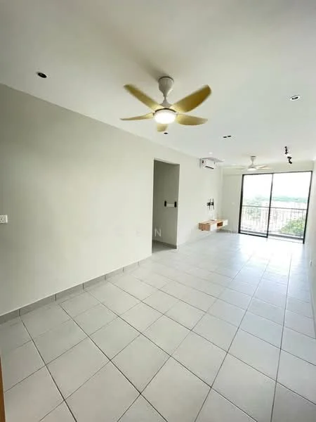 Living features: light grey painted walls, white ceiling, recessed downlights, 5-blade ceiling fan with light, large sliding glass door, floor-to-ceiling windows, ceramic tile flooring, wall-mounted air conditioning unit, built-in TV console, open layout, natural light from windows, view of the outside; style: modern; view: city.