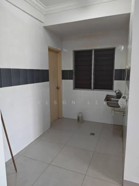 Laundry features: white painted walls, black tiled accent wall, ceramic tile flooring, single-bowl stainless-steel sink, wall-mounted faucet, window with black frames, door leading to another room, light fixture on ceiling.