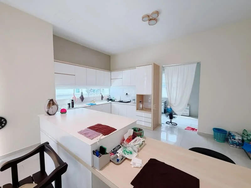 Kitchen features: white cabinetry, light grey countertop, single-bowl stainless-steel sink, chrome pull-down faucet, built-in oven, freestanding range oven, ceramic tile flooring, recessed downlights, window with natural light, open layout, island counter, decorative items on counter; style: modern. Room features: light-coloured walls, curtains, laundry basket, bottled water, fan.