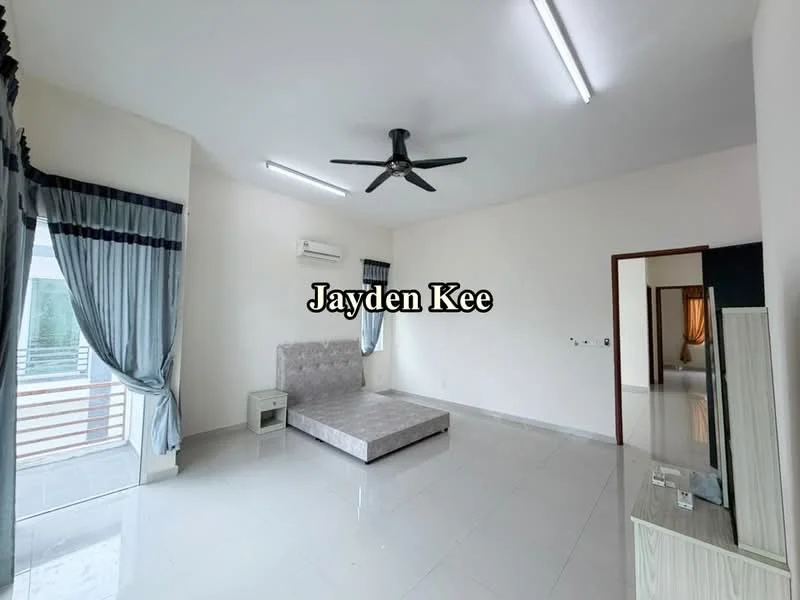 Living features: grey fabric sofa bed, wall-mounted TV console, floor-to-ceiling windows, sliding glass door, sheer curtains, blackout curtains, 5-blade ceiling fan with light, wall-mounted split AC, glossy tile flooring, neutral painted walls, recessed LED downlights; style: modern; view: garden.