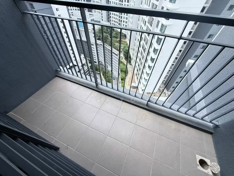 Balcony features: grey tiled flooring, metal railing, city view, sliding glass door access, concrete wall, drainage outlet; style: modern; view: city.