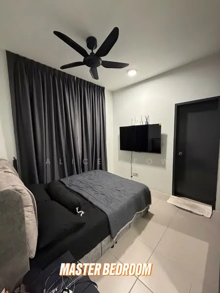 Bedroom features: queen-size bed with grey bedding, upholstered headboard, 5-blade ceiling fan, wall-mounted TV, black wall-mounted shelf, dark grey curtains, white painted walls, tile flooring, door with black finish, small area rug; style: modern.