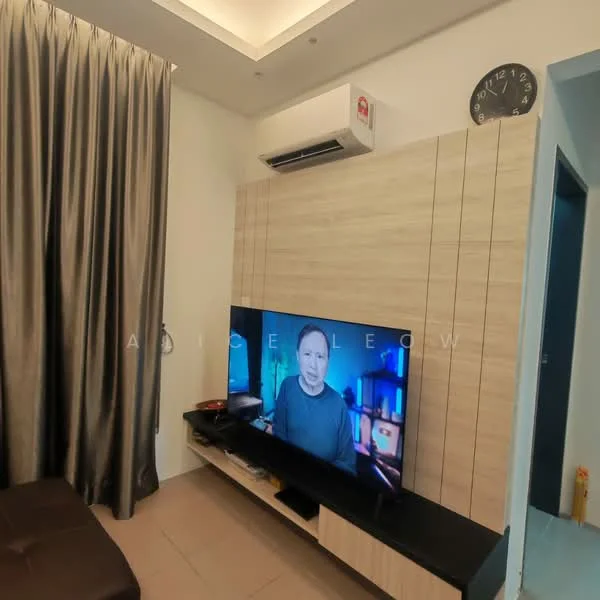 Living features: wall-mounted TV, wooden TV console, grey fabric sofa, recessed ceiling lights, wall-mounted split AC, floor-to-ceiling curtains in grey, light-colored feature wall, clock on the wall, tile flooring; style: modern.