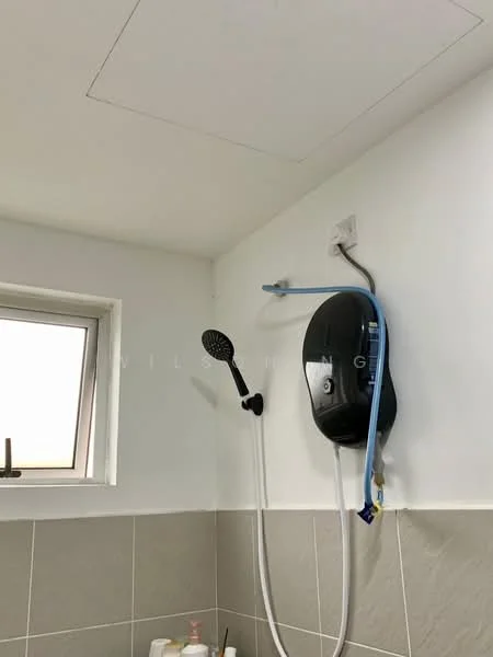 Bathroom features: shower head, water heater, white painted walls, grey ceramic tile flooring, window, wall-mounted faucet.