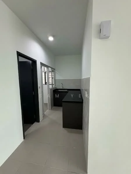 Kitchen features: black cabinetry, single-bowl stainless-steel sink, chrome pull-down faucet, black countertop, white tiled backsplash, grey tiled flooring, recessed downlights, window with metal grille, open layout, wall-mounted light switch; style: modern.