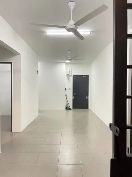 Room features: white painted walls, tile flooring, 2 ceiling fans, 1 wall-mounted split AC, LED ceiling lights, dark-colored door, clean and minimalistic design; style: modern.