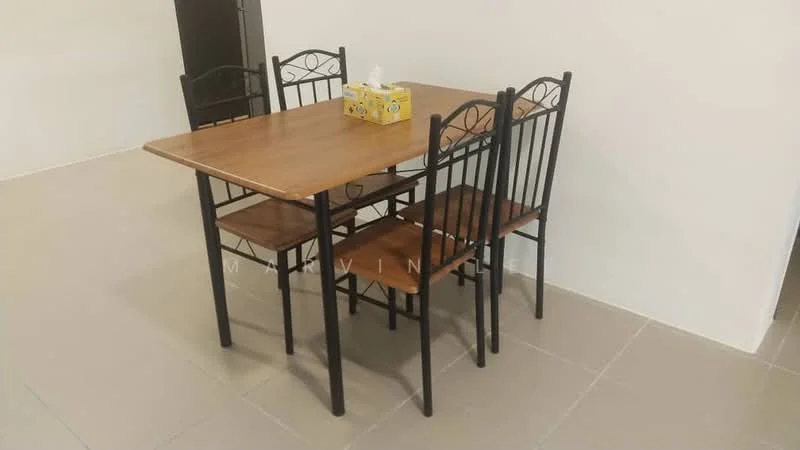 Dining features: wooden dining table, 4 black metal chairs, tissue box on table, light-colored tiled flooring, white painted walls; style: modern.