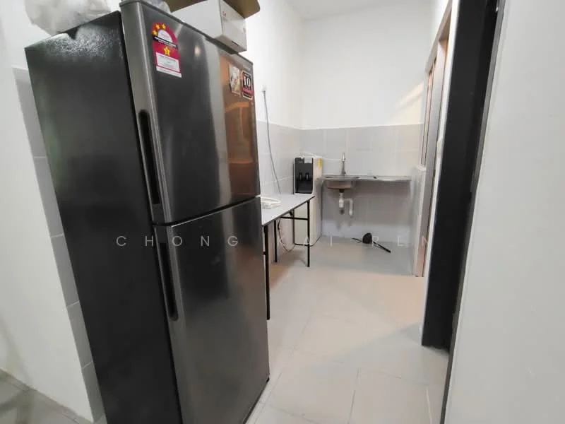 Kitchen features: black stainless-steel fridge, white countertop, grey tiled backsplash, grey tiled flooring, wall-mounted cabinet, sink with faucet, kitchen table, white walls; style: modern.