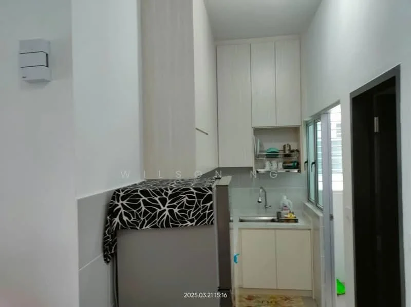 Kitchen features: white cabinetry, grey countertop, single-bowl stainless-steel sink, chrome pull-down faucet, built-in fridge, wall-mounted cabinet, tile backsplash, window with sliding glass, light-colored walls, floor tiles, kitchen utensils visible; style: modern.
