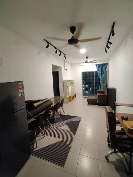 Living features: white painted walls, tile flooring, 2 ceiling fans, track lighting, sofa, dining table with chairs, refrigerator, bookshelf, curtains, area rug with striped pattern, large window with city view; style: modern; view: city.