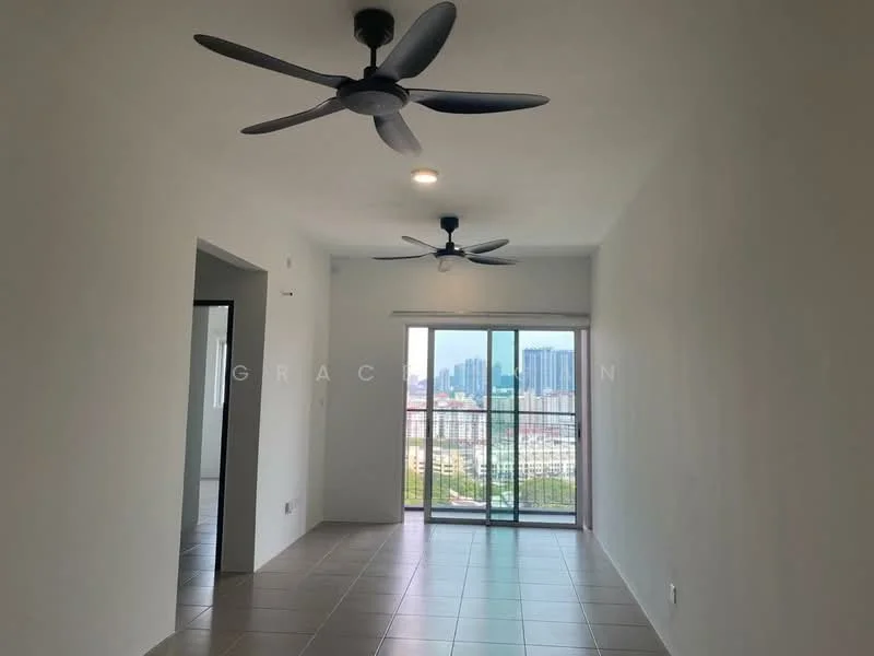 Living features: 2 ceiling fans, large sliding glass door, floor-to-ceiling windows, grey tiled flooring, white painted walls, recessed downlights, city skyline view; style: modern; view: city.