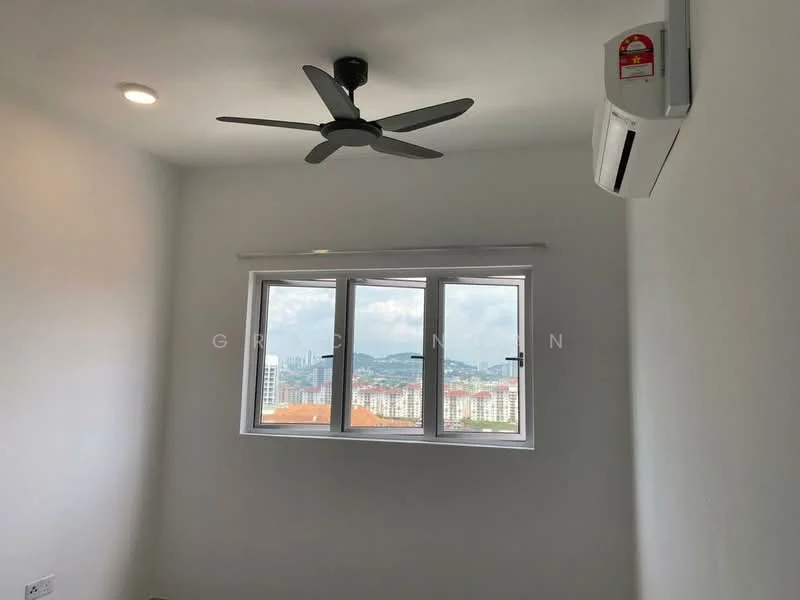 Room features: white painted walls, ceiling fan, 1 wall-mounted split AC, floor-to-ceiling window, city view; view: city.