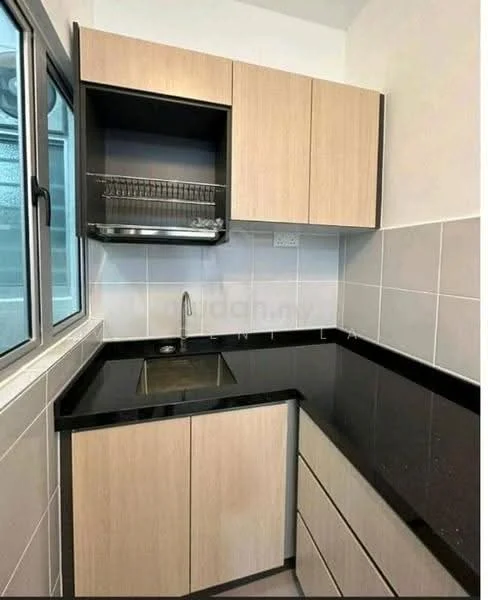 Kitchen features: black granite countertop, light wood cabinetry, single-bowl stainless-steel sink, chrome pull-down faucet, tile backsplash, grey ceramic tile flooring, open shelving above sink, window with metal frame; style: modern.