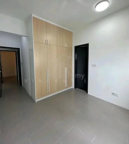 Room features: light grey tiled flooring, white painted walls, built-in wardrobe with wooden finish, single ceiling light fixture, black door, doorway leading to another room; style: modern.
