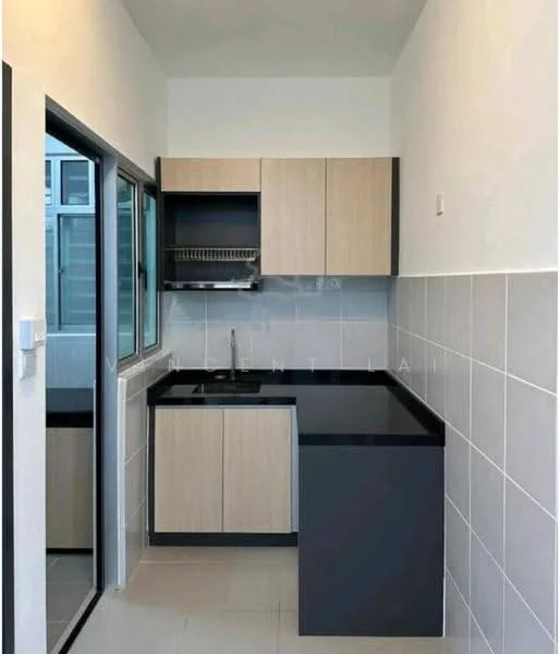 Kitchen features: light wood cabinetry, black countertop, stainless-steel sink, chrome faucet, wall-mounted dish rack, grey tiled backsplash, white painted walls, ceramic tile flooring, window with sliding glass, open shelving; style: modern.
