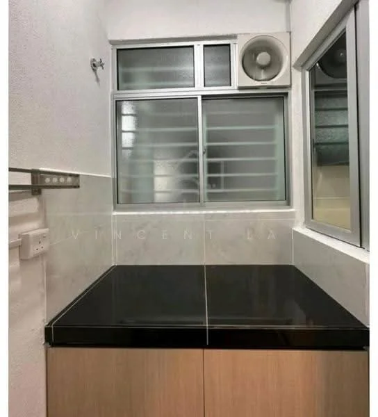 Laundry features: black granite countertop, wood cabinetry, single window with metal grille, exhaust fan, white painted walls, tile cladding, sink, wall-mounted shelving; style: modern.