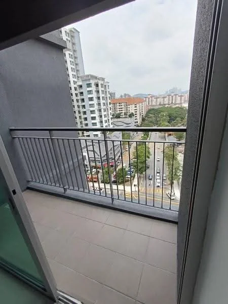 Balcony features: metal railing, grey tiled flooring, city view, sliding glass door, concrete wall, overhead awning; style: modern; view: city.