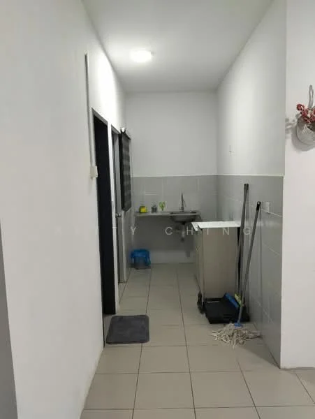 Laundry features: white painted walls, grey tiled flooring, single-bowl stainless-steel sink, wall-mounted faucet, countertop, cabinets, broom and mop, floor mat, light fixture; style: modern.