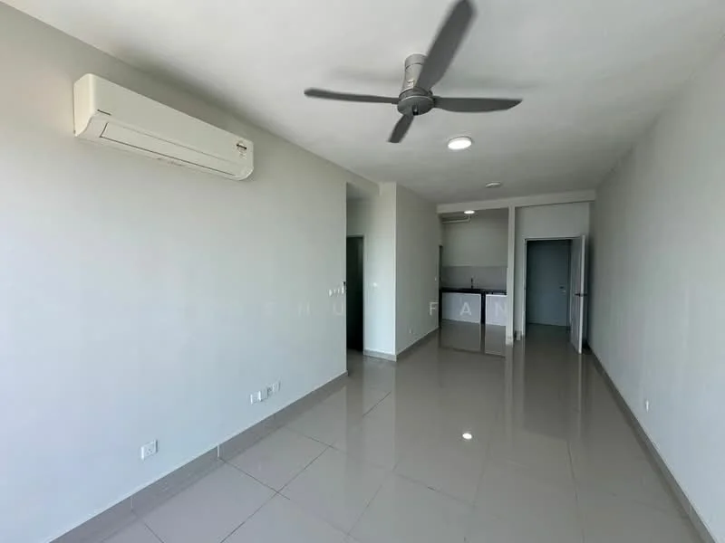 Living features: grey painted walls, polished ceramic tile flooring, 5-blade ceiling fan, wall-mounted split AC, recessed downlights, open layout to kitchen, large window, neutral color scheme; style: modern.