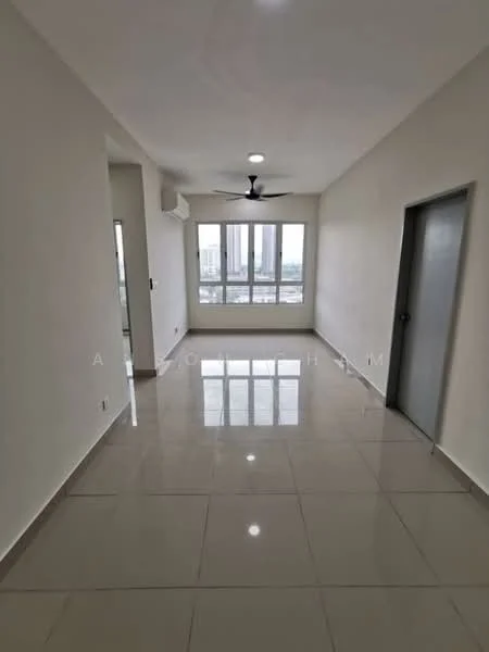 Room features: white painted walls, glossy ceramic tile flooring, 5-blade ceiling fan with light, floor-to-ceiling windows, sliding glass door, neutral color scheme, air conditioning unit; style: modern; view: city.