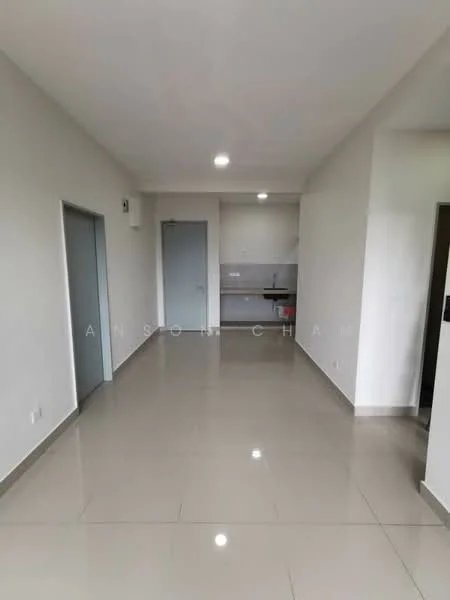 Room features: white painted walls, glossy ceramic tile flooring, recessed downlights, single door, open kitchen layout, kitchen countertop, kitchen cabinetry, neutral color scheme; style: modern.