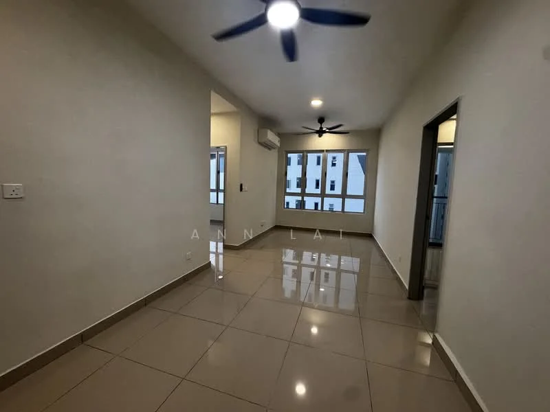 Living features: glossy ceramic tile flooring, white painted walls, recessed downlights, 2 ceiling fans, large windows with city view, air conditioning unit, neutral color scheme, open layout; style: modern; view: city.