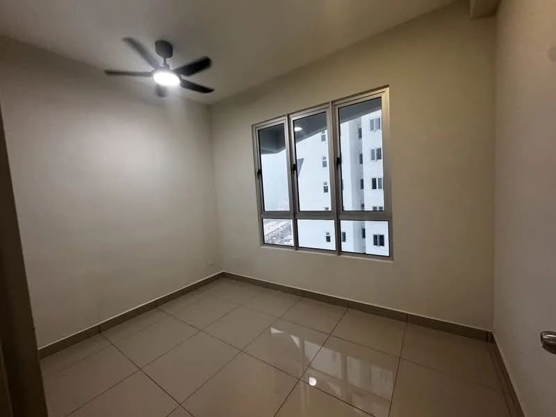Room features: white painted walls, glossy ceramic tile flooring, 5-blade ceiling fan with light, three large windows, window treatments not visible; style: modern.
