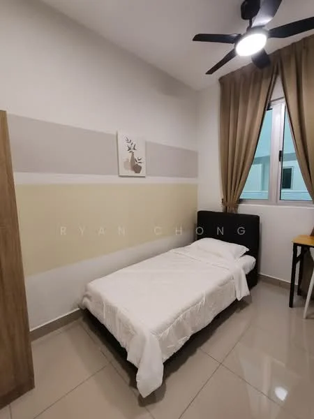 Bedroom features: single bed with white bedding, cream painted walls, grey accent wall, window with sheer curtains, ceiling fan with light, tile flooring, wooden wardrobe, small study table; style: modern.