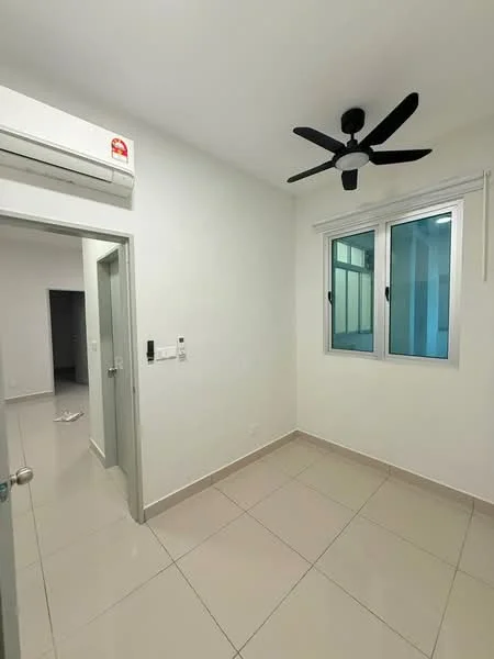 Room features: white painted walls, glossy ceramic tile flooring, 5-blade ceiling fan, 1 wall-mounted split AC, two windows with white frames, light switch, door to adjacent room, neutral color scheme; style: modern.