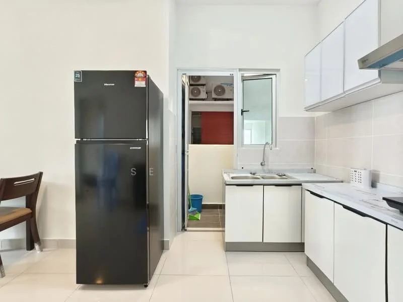 Kitchen features: black stainless-steel fridge, double-bowl stainless-steel sink, chrome pull-down faucet, white cabinetry with flat-panel doors, marble countertop, ceramic tile backsplash, built-in oven, 4-burner gas hob, wall-mounted air conditioning unit, window with view to outdoor area, light-colored ceramic tile flooring; style: modern.