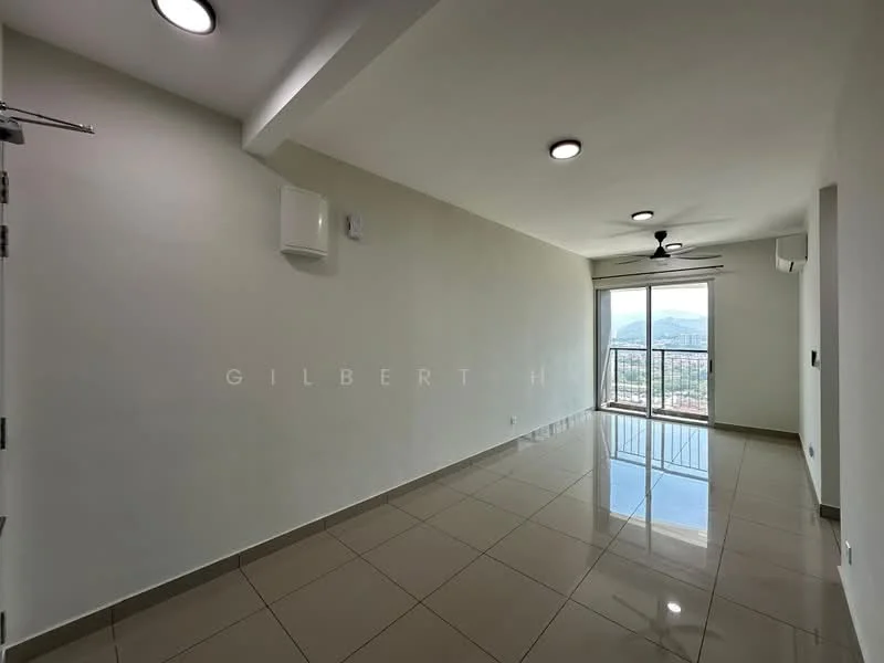 Living features: white painted walls, glossy ceramic tile flooring, 5-blade ceiling fan with light, 1 wall-mounted split AC, floor-to-ceiling windows, sliding glass door, balcony view, recessed downlights; style: modern; view: mountain.