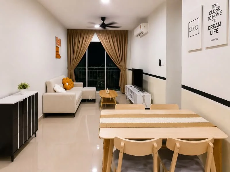 Living features: 3-seater fabric sofa in cream, orange decorative pillow, wooden coffee table, TV console, wall-mounted TV, floor-to-ceiling windows, sheer curtains, recessed downlights, ceiling fan, cream painted walls, tile flooring, decorative wall art, greenery in ceramic pot; style: modern; view: city. Dining features: 6-seater wooden dining table, wooden dining chairs, table runner, cream painted walls, tile flooring; style: modern.