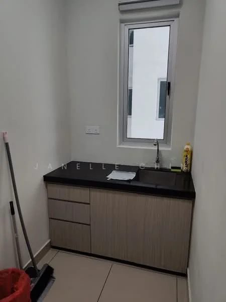 Laundry features: black granite countertop, light wood cabinetry, single-bowl stainless-steel sink, window with white frame, tile flooring, cleaning supplies on countertop, mop and bucket in corner; style: modern.