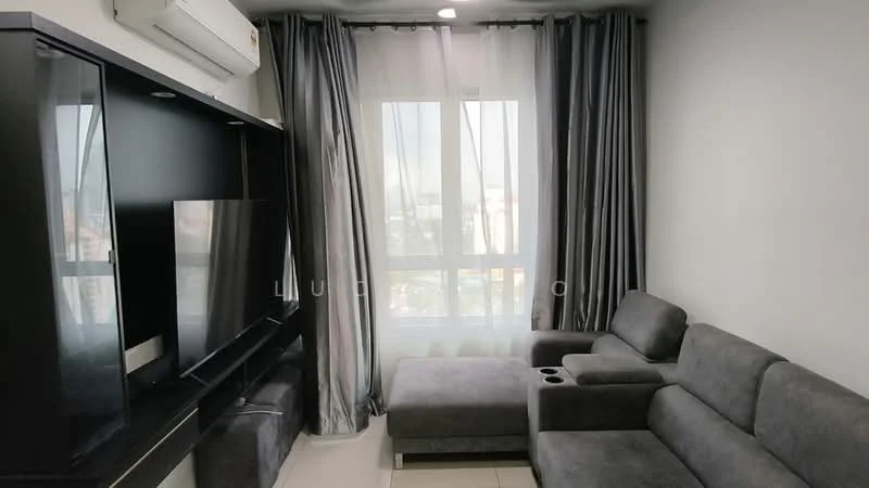Living features: grey fabric sectional sofa with cup holders, black TV console, wall-mounted flat-screen TV, floor-to-ceiling windows, sheer white curtains, dark grey curtains, recessed downlights, white tiled flooring, wall-mounted air conditioning unit; style: modern; view: city.