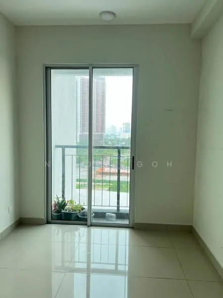 Room features: white painted walls, glossy ceramic tile flooring, sliding glass door, floor-to-ceiling windows, balcony with railing, planter box with greenery, recessed ceiling light; style: modern; view: city.