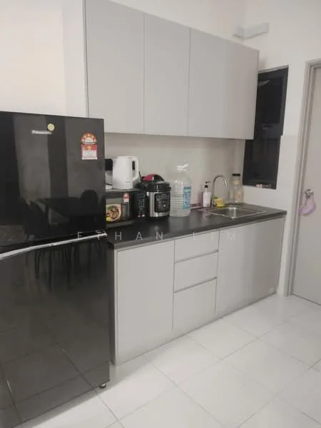 Kitchen features: grey flat-panel cabinets, black countertop, stainless-steel sink, chrome pull-down faucet, black fridge, white kettle, black coffee machine, water dispenser, microwave, tile backsplash, white tiled flooring, wall-mounted cabinet, open shelving; style: modern.