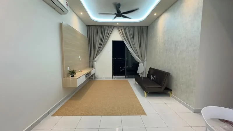 Living features: white painted walls, light grey accent wall, recessed ceiling with LED lighting, 5-blade ceiling fan, sliding glass door, floor-to-ceiling curtains, cream area rug, brown leather sofa, wall-mounted TV console, decorative wall shelf, tile flooring; style: modern; view: city.