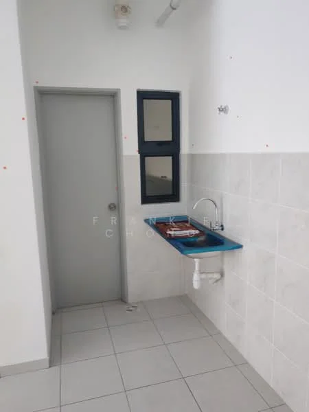Laundry features: blue countertop, single-bowl stainless-steel sink, wall-mounted faucet, white tiled walls, grey tiled flooring, window with black frame, door with grey finish, plumbing visible under sink; style: modern.