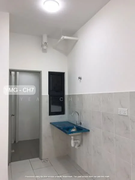 Laundry features: white painted walls, grey tiled flooring, blue countertop, single-bowl stainless-steel sink, chrome faucet, wall-mounted pipe, light fixture on ceiling, window for natural light; style: modern.