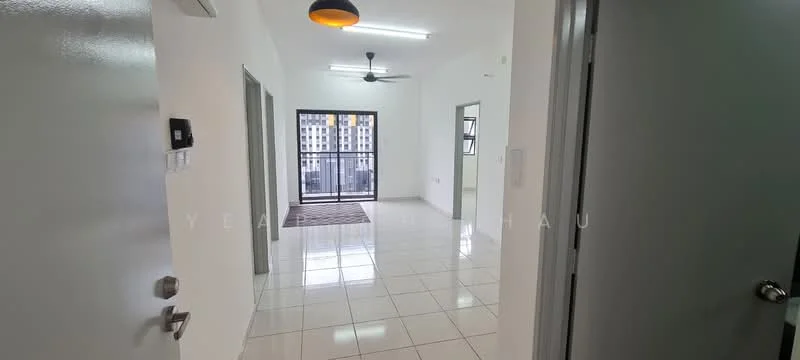 Room features: white painted walls, glossy white tile flooring, 5-blade ceiling fan, recessed downlights, floor-to-ceiling windows, sliding glass door, balcony access, neutral area rug; style: modern; view: city.