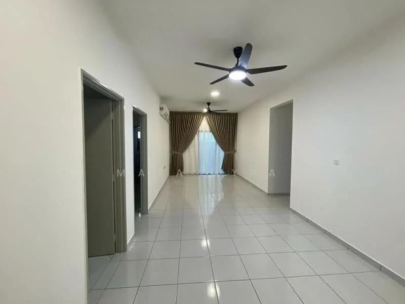 Room features: white painted walls, glossy ceramic tile flooring, 5-blade ceiling fan with light, curtains in brown, large window with sheer curtains, doorways leading to other rooms, neutral color scheme, open layout; style: modern.